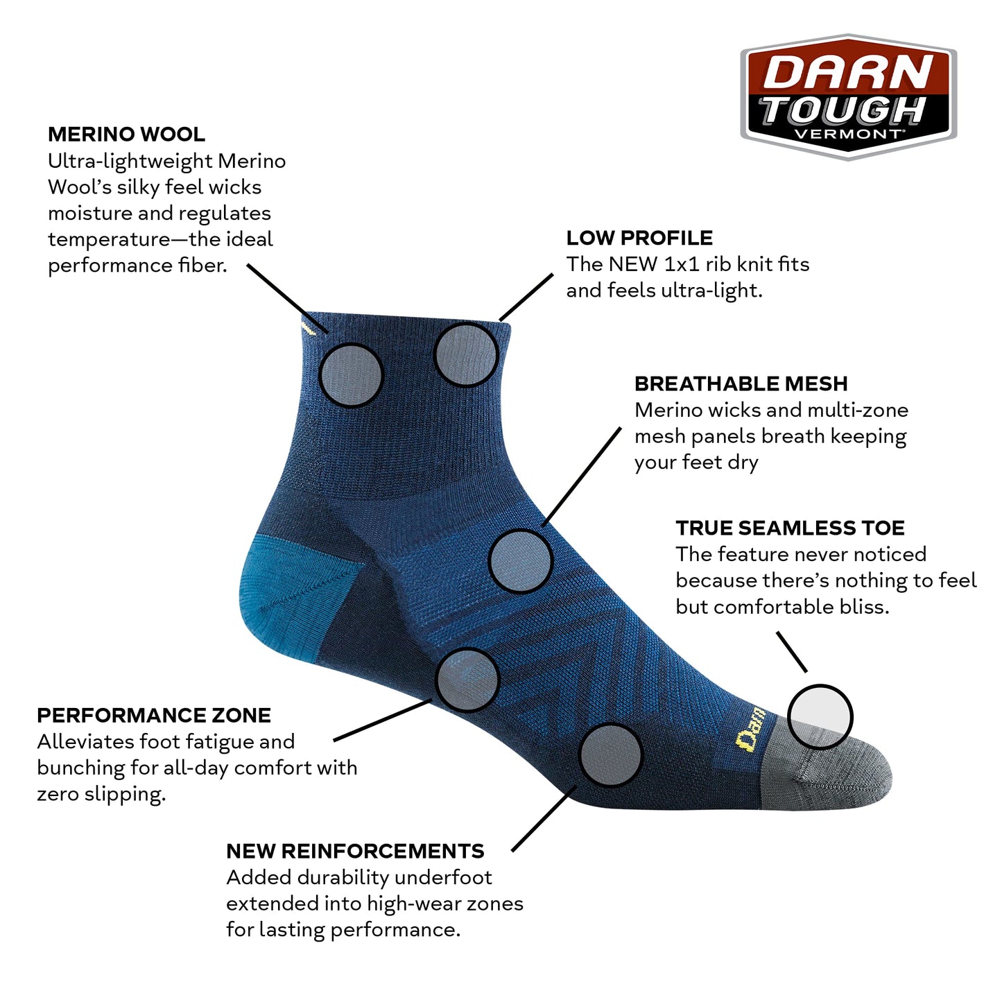 Darn Tough Men's 1/4 Ultra-Lightweight Run Sock (Style 1034) - Eclipse, Large