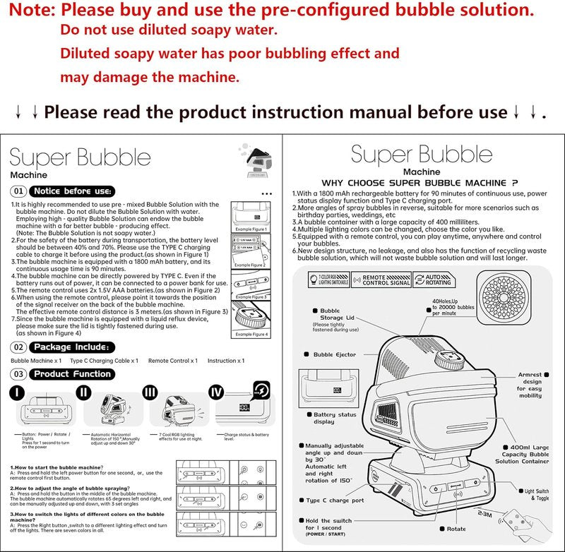 Upgraded Bubble Machine - Remote Control & RGB Lights | Rechargeable 1800mAh Battery for Kids' Parties & Outdoor Fun