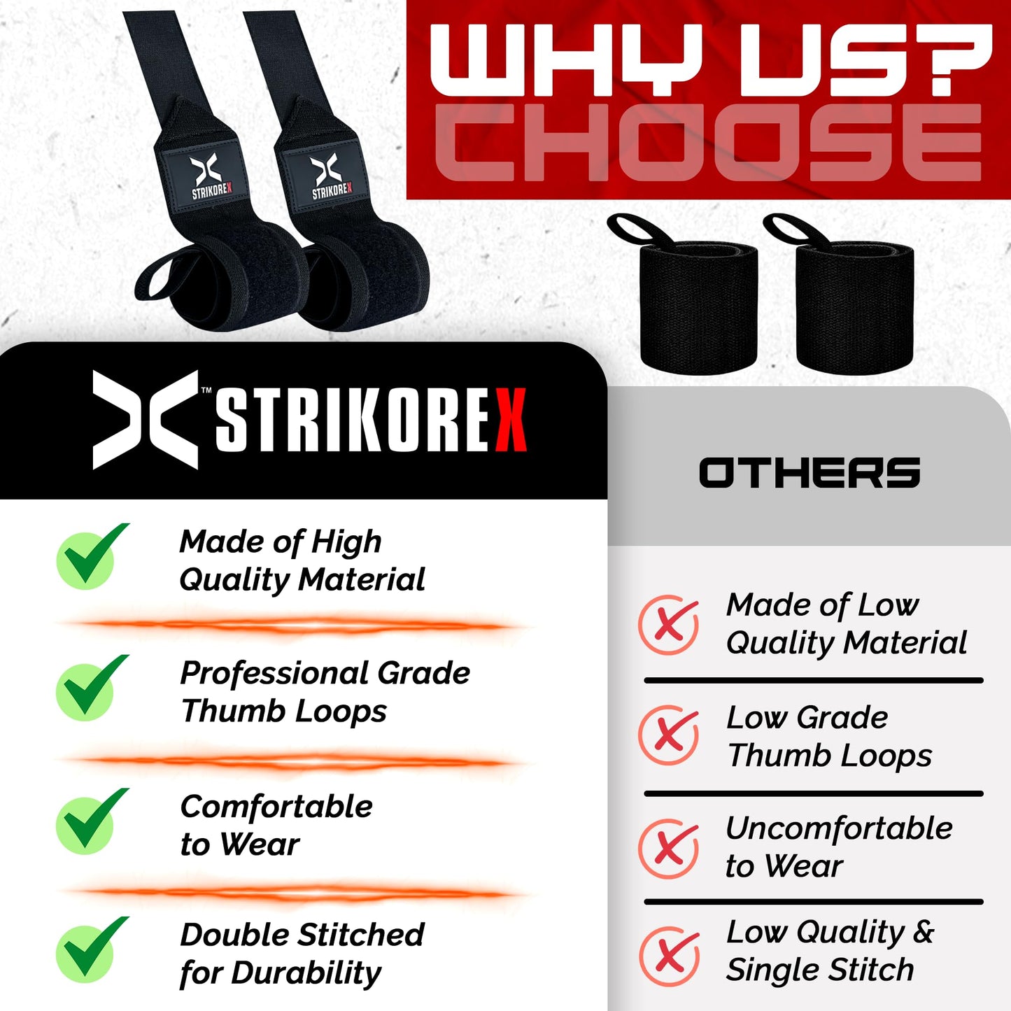 StrikoreX Wrist Straps for Weightlifting with Support for Men & Women 18", Gym Lifting Flexible Fit & Stiff Wrist Wraps Workout Equipment,Powerlifting Strength Training & Push Ups (BLACK/BLACK)