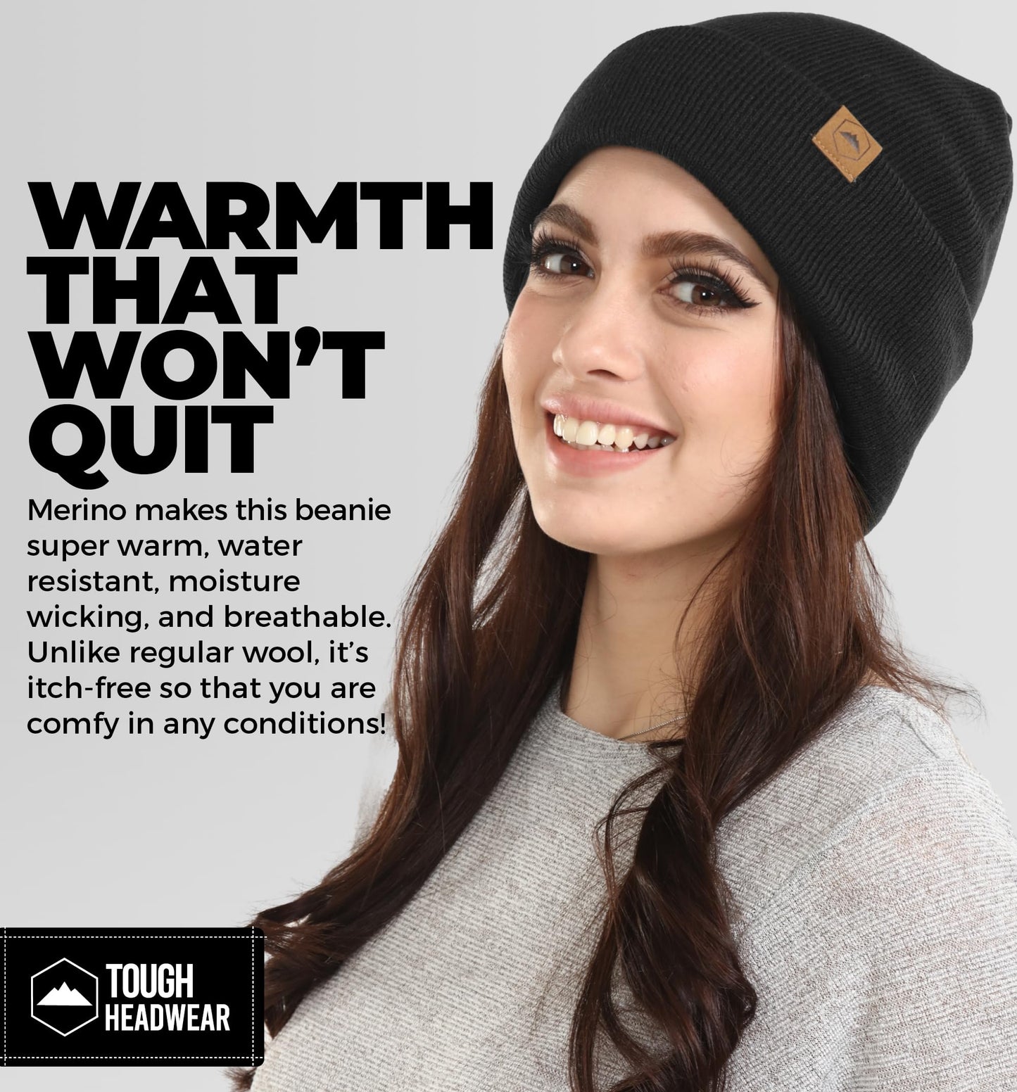 Tough Headwear Winter Beanie Knit Hat for Men & Women - Merino Wool Ribbed Cap - Warm & Soft Stylish Toboggan Skull Caps for Cold Weather - Basic - Black