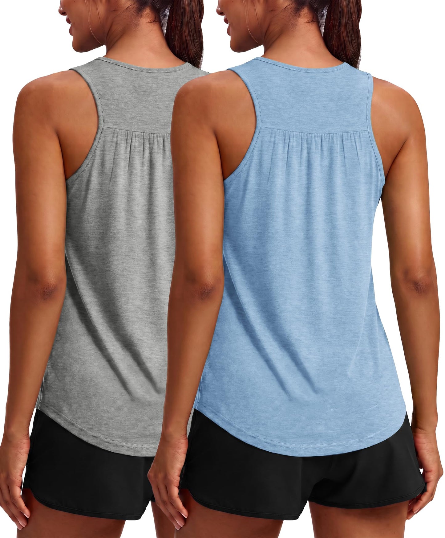 PINSPARK Tank Top for Women Sleeveless Athletic Workout Tops Moisture Wicking Yoga Pilates Gym Shirts Soft Tennis Running Tanks,Light Grey/Light Blue L