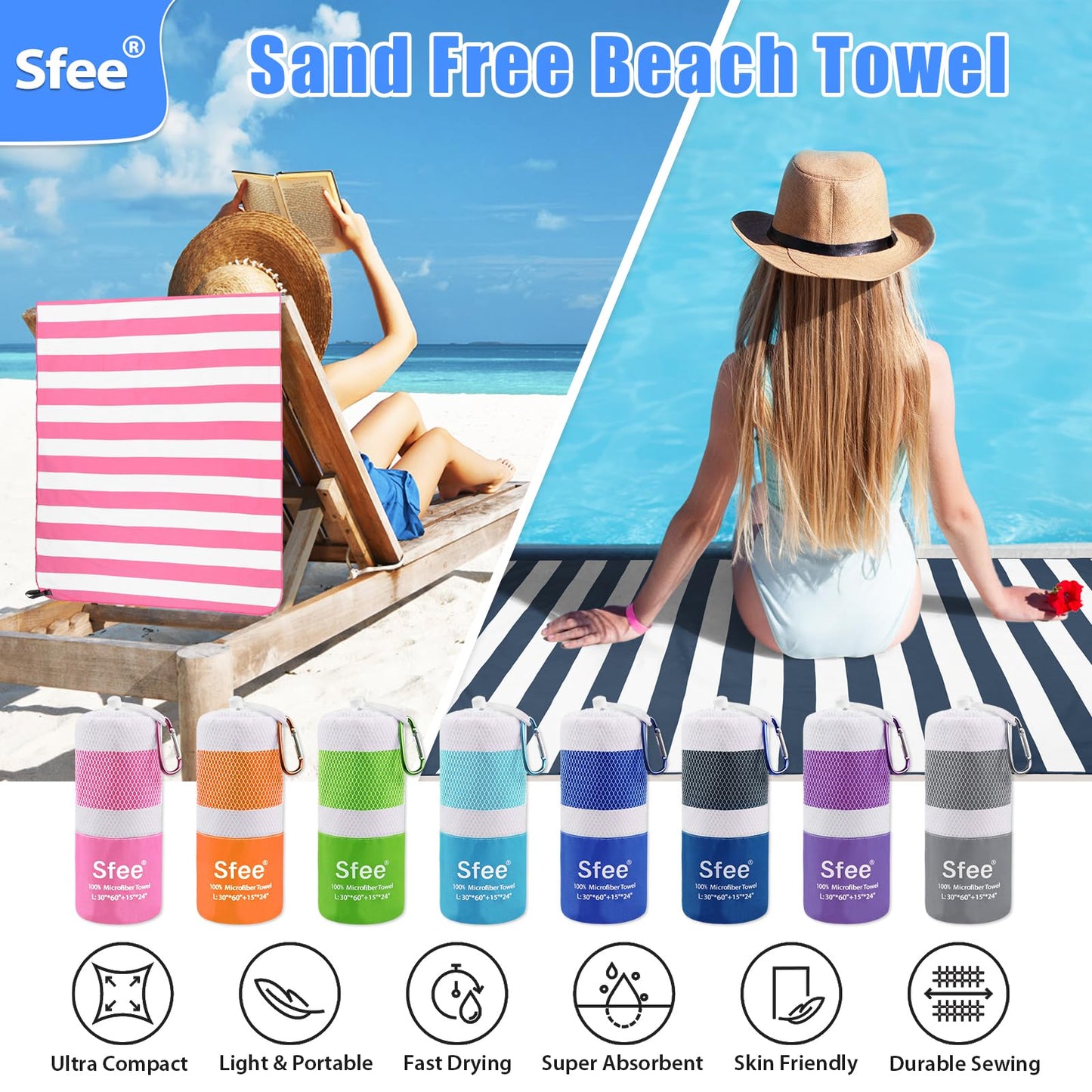 Sfee 4 Pack Microfiber Travel Towel, Beach Towel Quick Dry Towel Camping Towel Super Absorbent Compact Lightweight Sports Towel Gym Towel Set for Beach, Gym, Hiking, Pool, Backpacking, Bath, Yoga