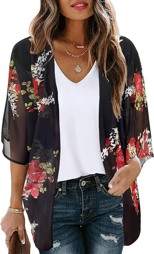 Floral Print Puff Sleeve Kimono Cardigan - Casual Loose Blouse Top for Women | 2026 Style