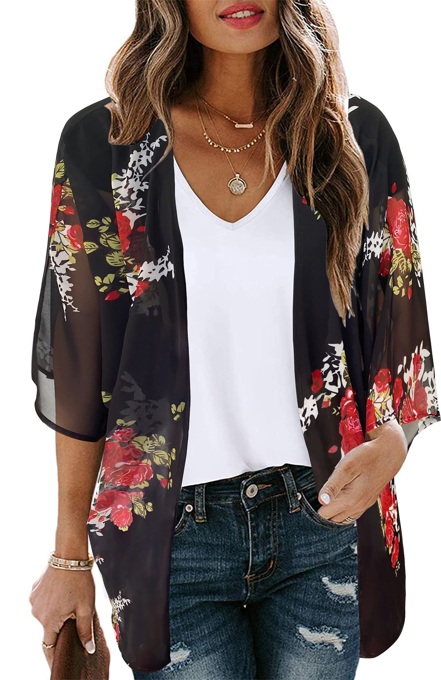 Women's Floral Kimono Print Puff Sleeve Loose Cardigan Cover Up Casual Blouse Tops (Green Gradient Print, XL)