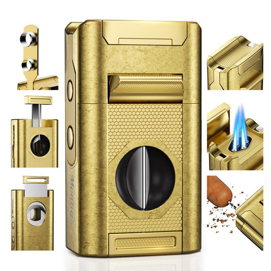6-in-1 Cigar Torch Lighter, with Straight&V Cigar Cutter, 2 Cigar Punches, Cigar Draw Enhancer, Cigar Holder, Quad Flame Windproof Butane Lighter, Multifunctional Cigar Accessories, Gifts for Men