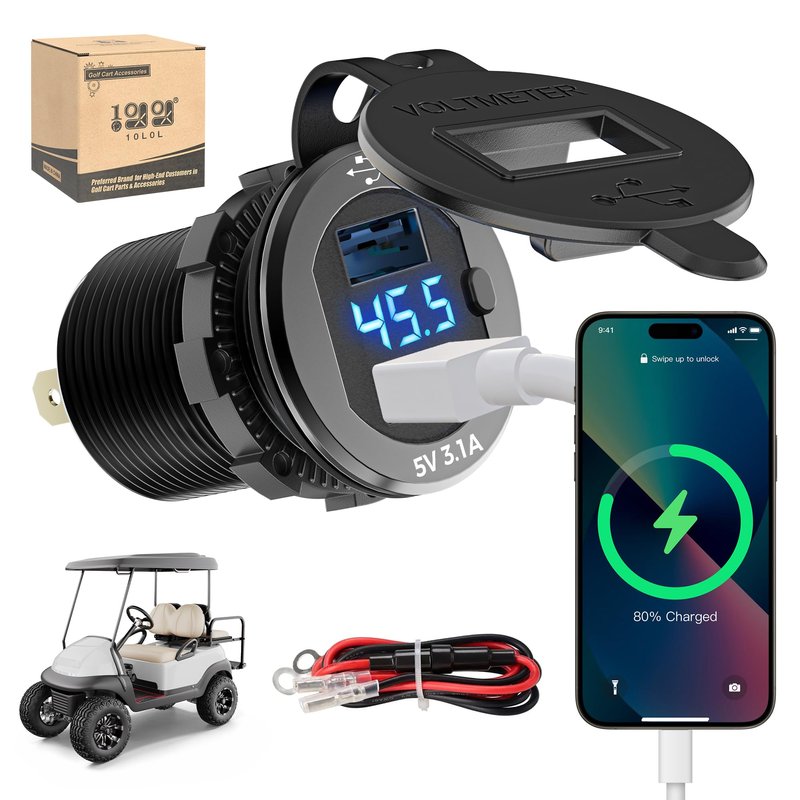 10L0L Golf Cart Quick Charge 3.1 Dual USB Charger,2 in 1 USB Ports & LED Display Voltage Meter Universal for Club Car,EZGO and Yamaha,Metal Shell Safe Charging Socket 9V-48V Wide Voltage Input
