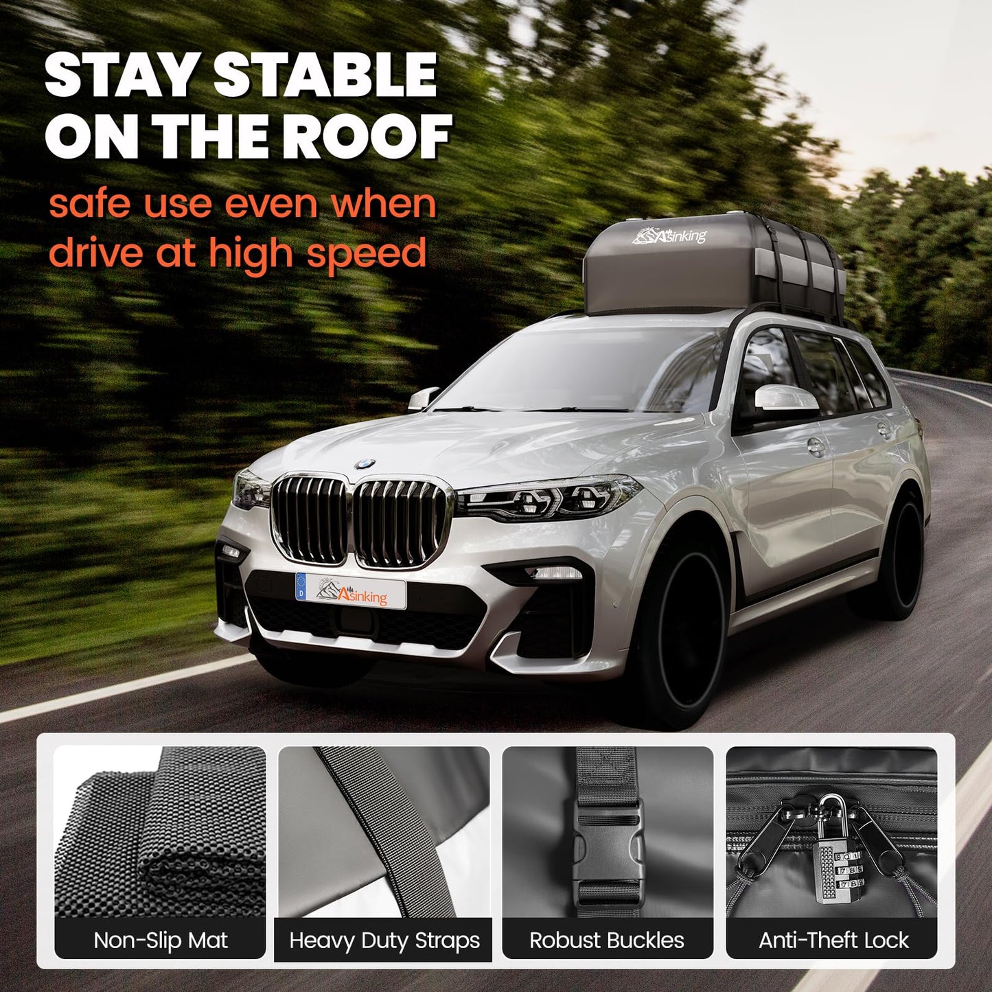 Asinking Car Rooftop Cargo Carrier Bag - 100% Waterproof Heavy Duty Car Roof Luggage Carrier 15 Cubic Feet, Fits All Vehicles with/Without Roof Rack - Easy Install & Triply Reinforced for Secure Use
