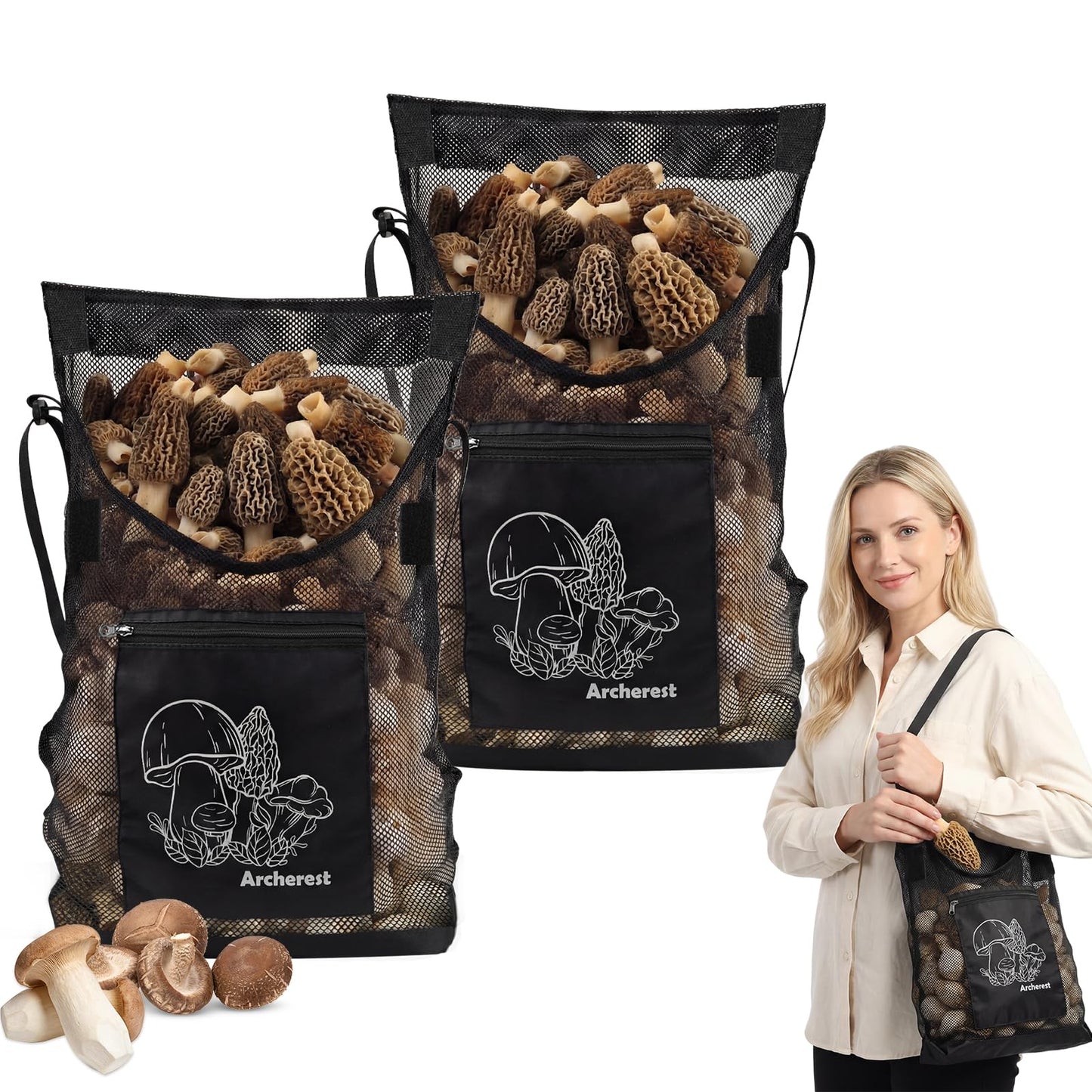 2 Pack D-shaped Opening Mushroom Foraging Bag, Morel Picking Mesh Hunting Pouch for Outdoor Foraging and Fruit, Mushroom Basket Harvesting Bags with Adjustable Shoulder Strap