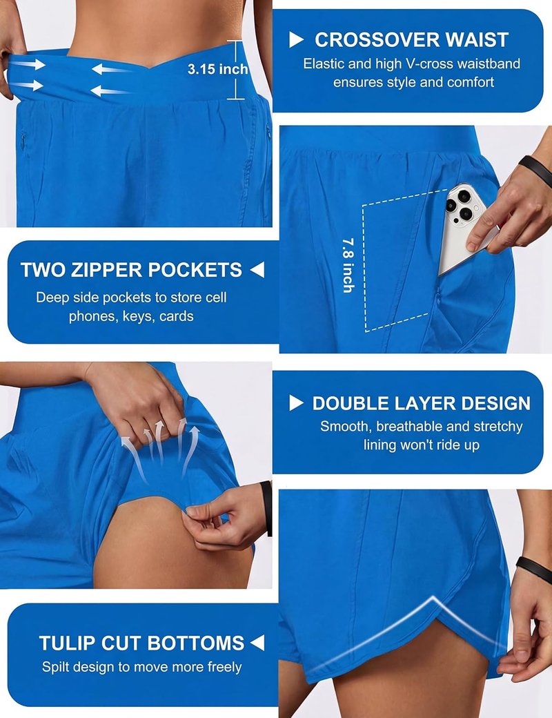 Women's High Waisted Crossover Workout Shorts - Athletic Running Shorts with Zipper Pockets