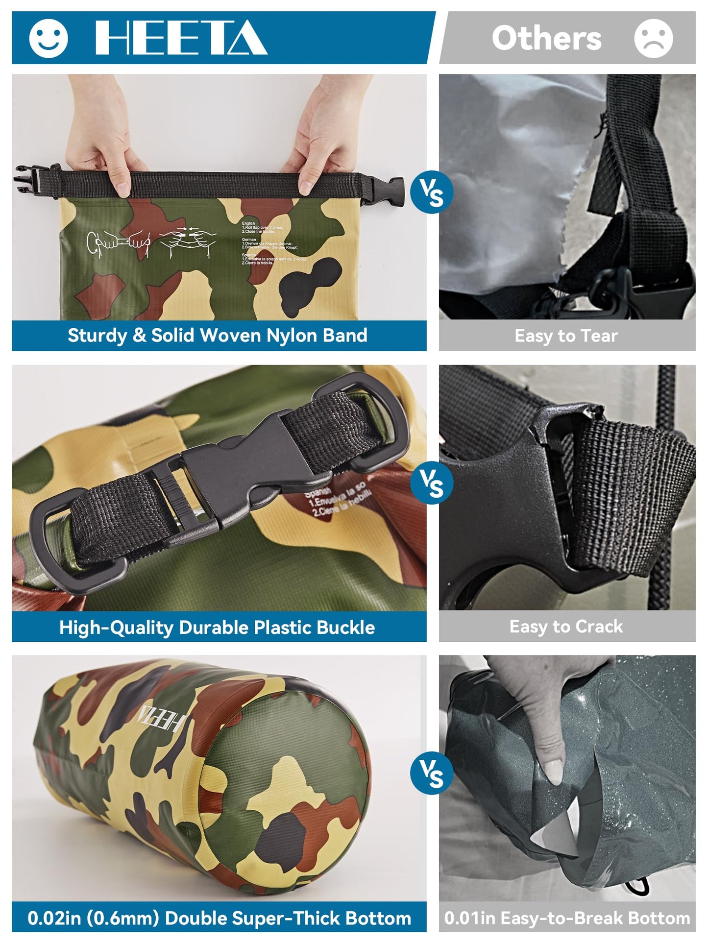 HEETA Waterproof Dry Bag for Women Men, Roll Top Lightweight Dry Storage Bag Backpack with Emergency Whistle for Travel, Kayaking, Boating, Camping, Beach, Cruise Ship Essentials (New Camouflage, 10L)