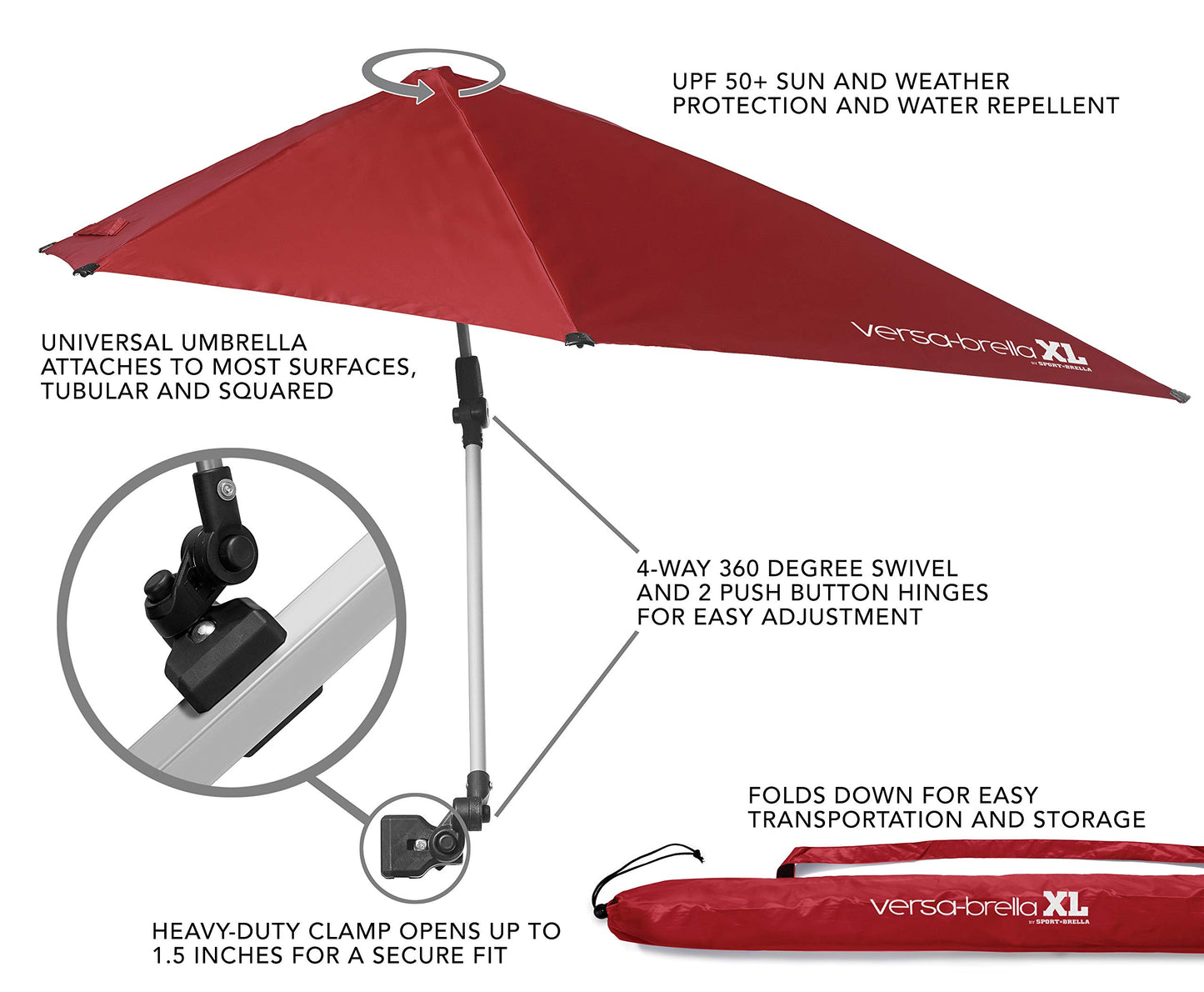 Sport-Brella Versa-Brella SPF 50+ Adjustable Umbrella with Universal Clamp, XL, Firebrick Red