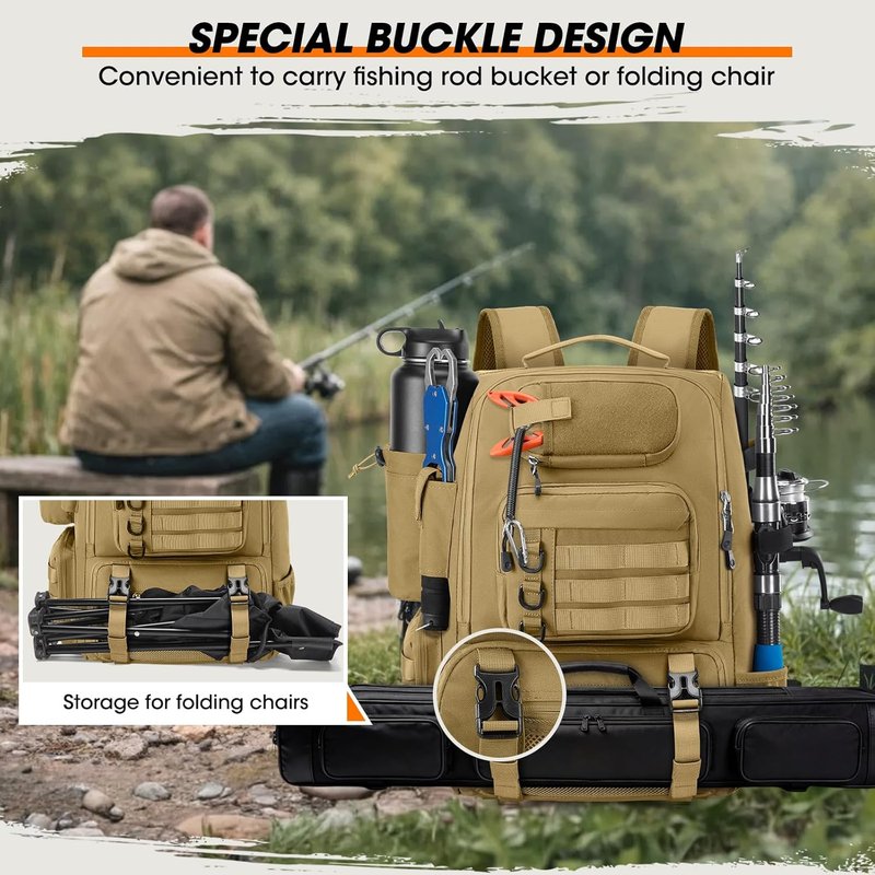 Fishing Backpack with Rod Holders & Cooler - 40L Water Resistant Tackle Bag with Rain Cover
