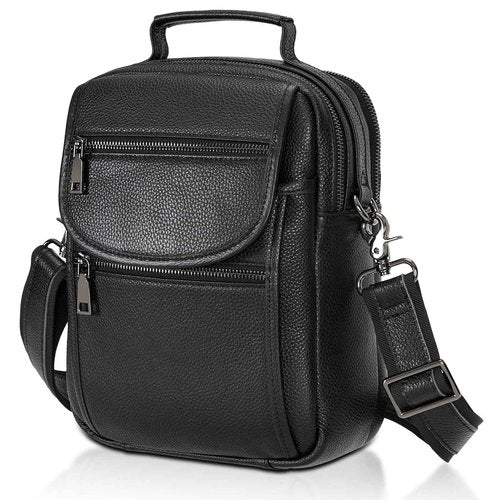 Polare Italian Cowhide Leather Messenger Bag Anti-Theft Shoulder Pouch Sling Bag Waterproof Purse Crossbody Bags Handbag (Black-B)