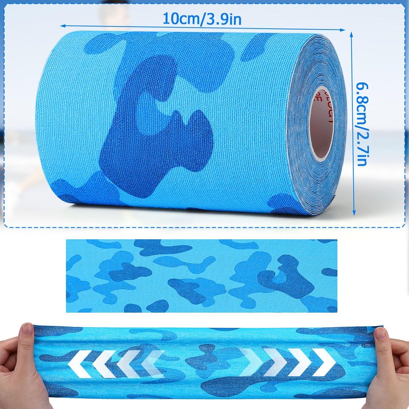 3 Pack Kinesiology Tape - Professional, Waterproof & Latex-Free Athletic Tape for Muscle & Joint Support on Knee, Ankle, Shoulder, Wrist During Sports, Swimming & Training - Blue Camo 4in x 5.5yd