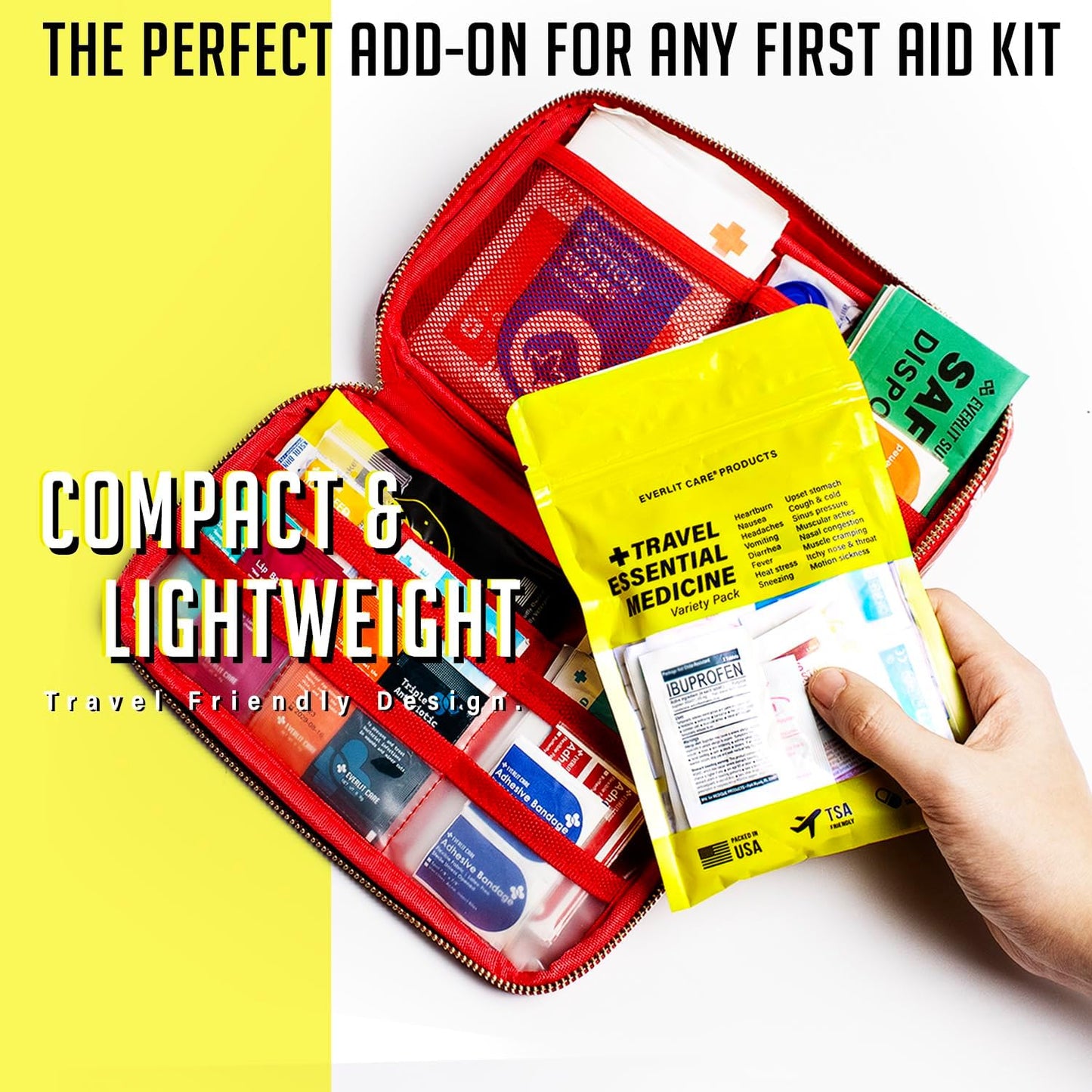 Everlit Travel Essential First Aid Kit - TSA Compliant Mini Medkit for Camping & Travel | Includes 64 Individually Packed Tablets