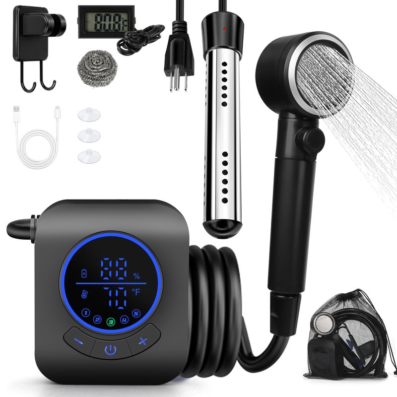 Yimserk Portable Shower with Water Heater–Camping Shower Pump with 8000mAh Battery, 5-Speed Settings, LCD Display, 6L/min, IPX8–Portable Shower Head for Camping, Hiking, Car, Pets