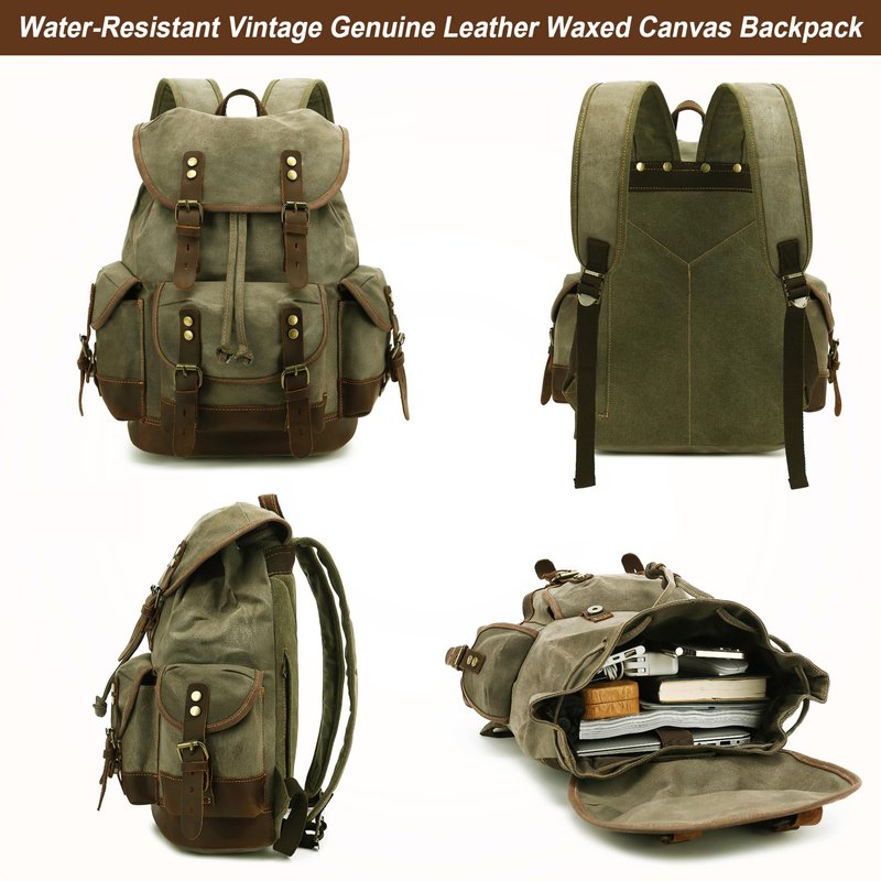 HuaChen Vintage Canvas Leather Backpack: Spacious Durable Rucksack for Men & Women, Perfect for Travel and College Life - M86 Army Green Coffee