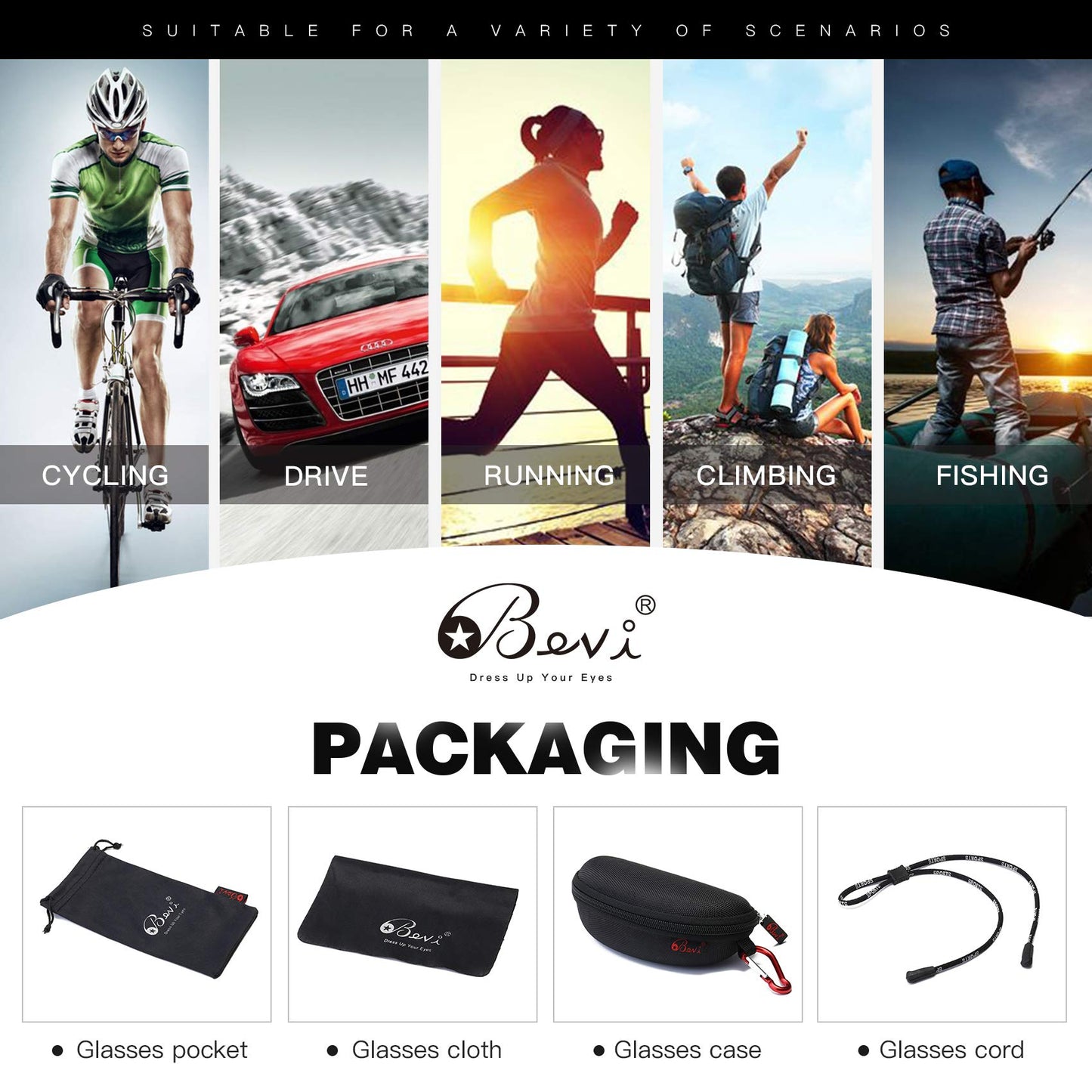 Bevi Sports Sunglasses Polarized Lens/TR 90 Frame with Spring Hinges Glasses For Men Women Cycling Running Baseball 2677C9