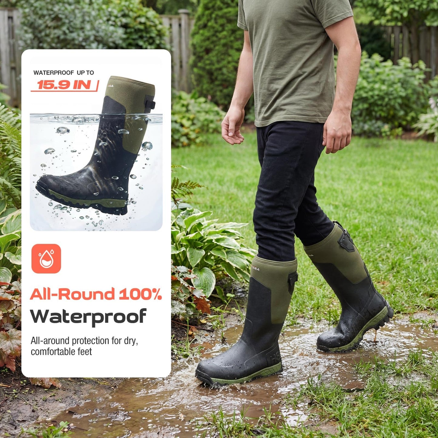 HISEA Men's Tall Boot with Arctic Ice Grip, Waterproof Rubber Rain Boots, Insulated Neoprene Warm Mud Boots for Outdoor Work Hunting