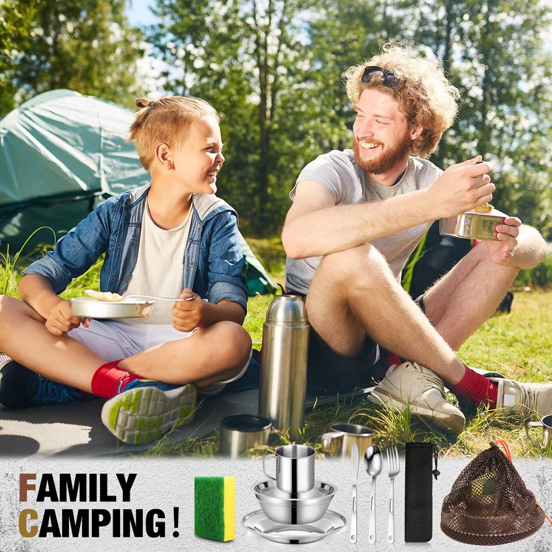 Scout Camping Mess Kit for Person 18/8 Stainless Steel Utensils Camping Dinnerware Kit Boy Scout Dishes Set Girl Scout Mess Kit with Mesh Bag Camping Cutlery Set for Travel Trip School Camp (2 Set)