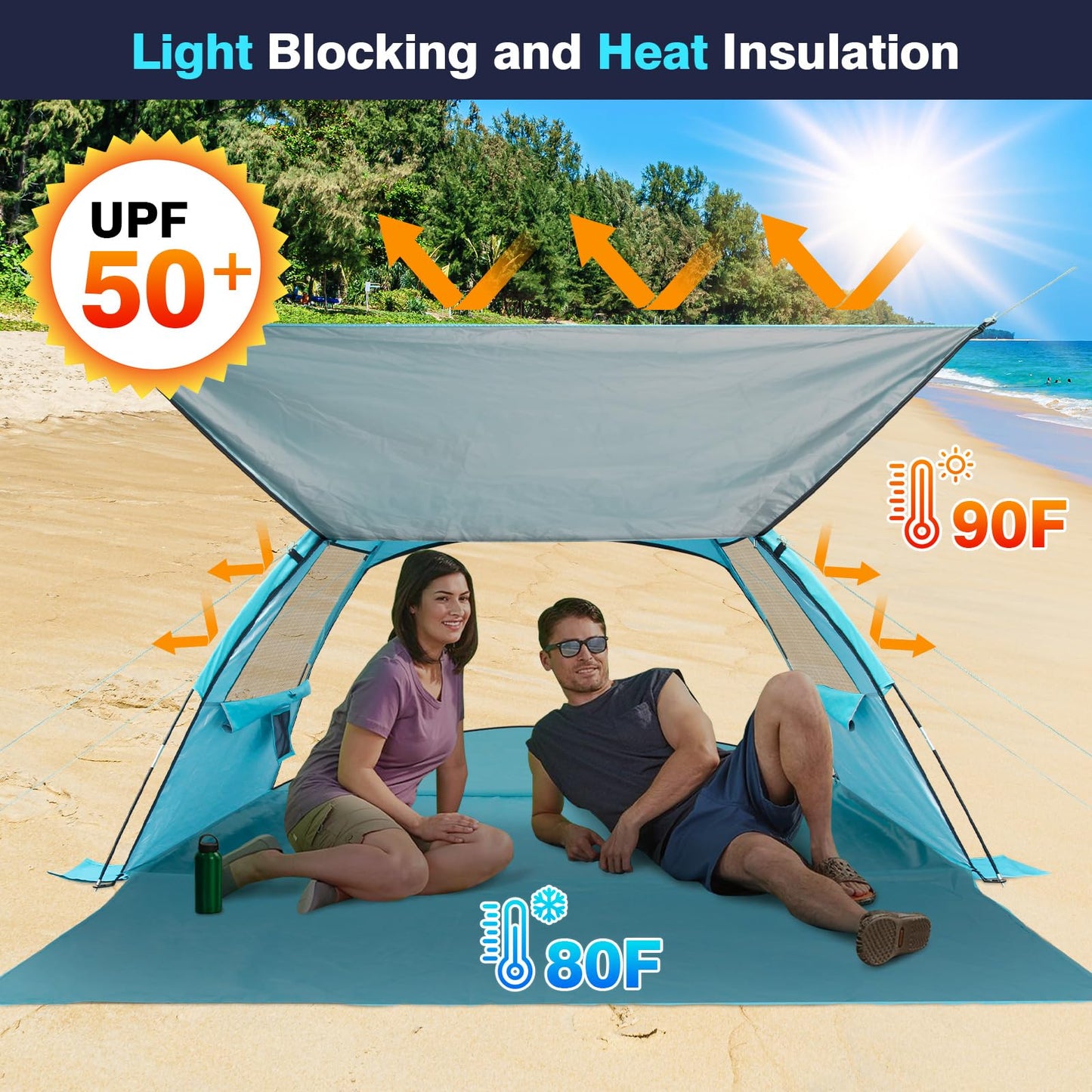 Beach Tent for 2-3-4 Person, UPF 50+ Anti-UV Portable Shelter with Sunshade