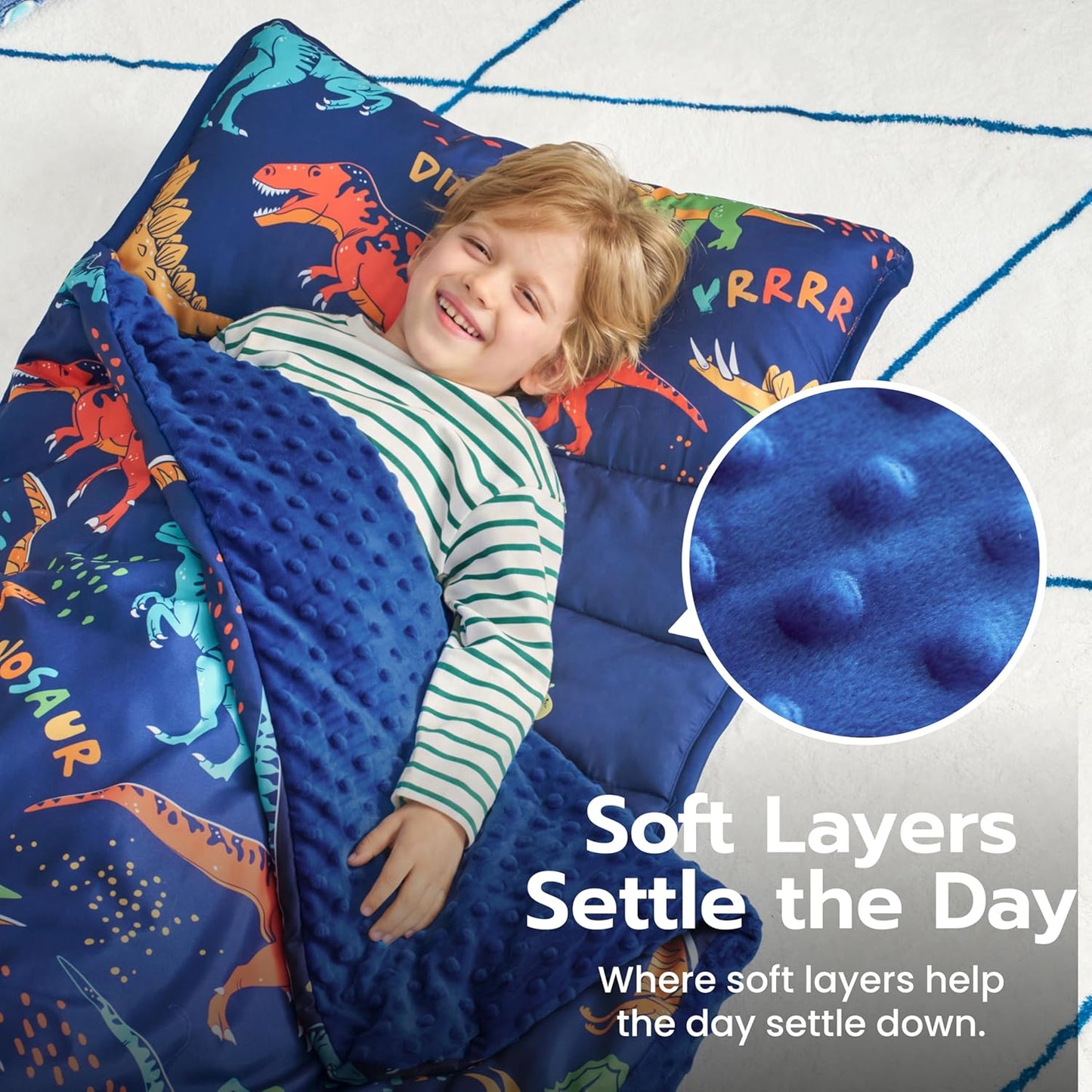 Toddler Nap Mat - Soft Minky Blanket & Removable Pillow | 55''x30'' for Ages 3-6, Perfect for Preschool & Sleepovers