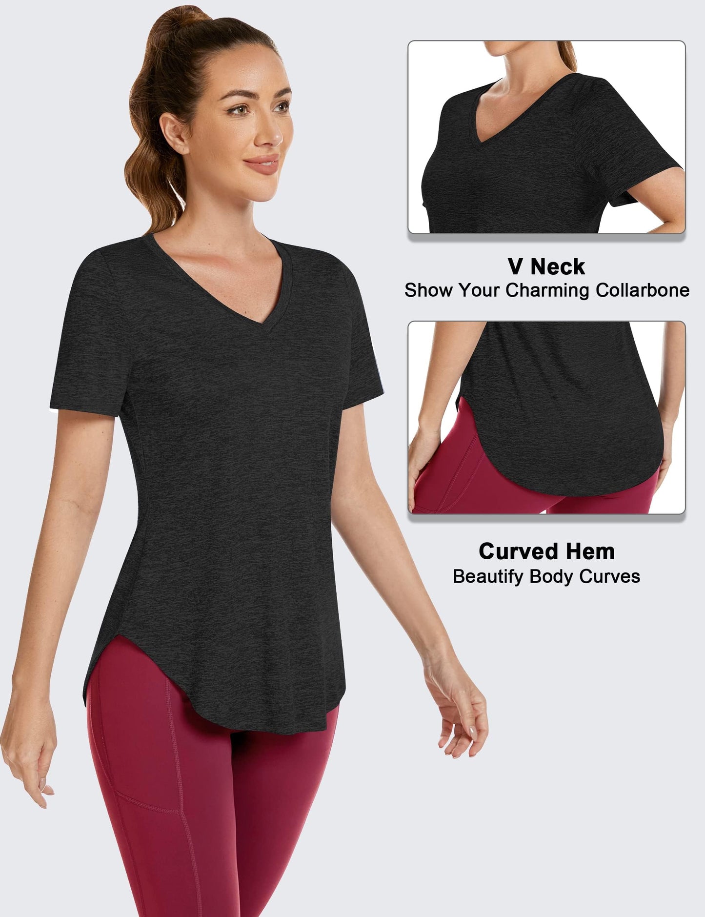 Alovien Short Sleeve Workout Shirts Women Loose Fit, V-Neck Women Exercise T-Shirt Workout Top, Dry Fit Yoga Gym Sport Tops (US, Alpha, X-Large, Regular, Regular, Black)