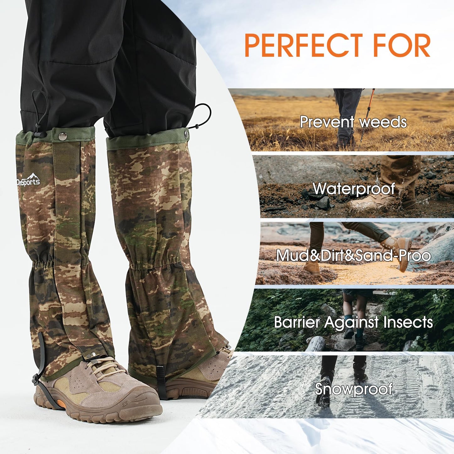 Waterproof Leg Gaiters for Men and Women Adjustable Snow Boot Gaiters for Hiking in Hunting Sand and Mud Mountain Climbing or Snowshoeing (Camo M)