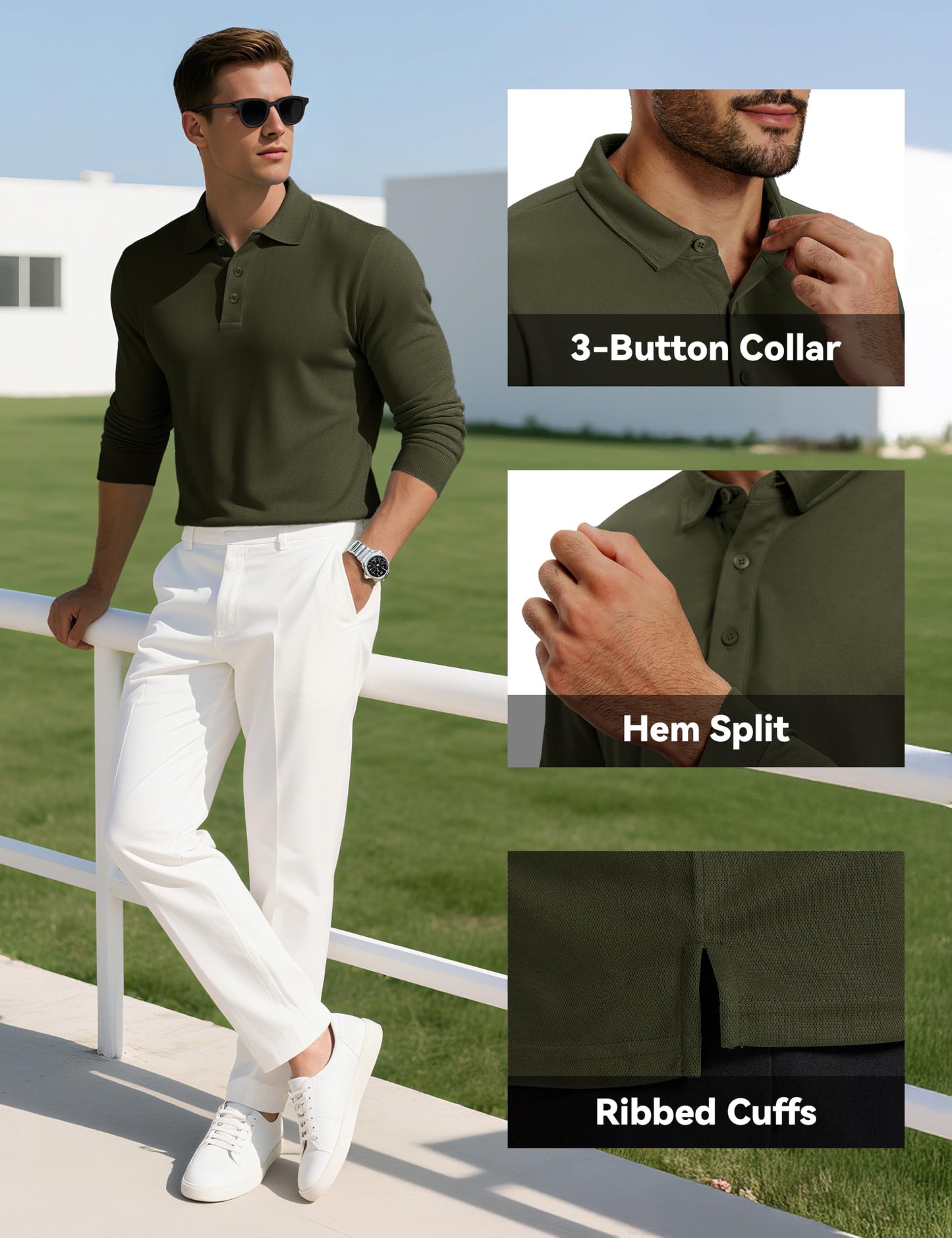 MAGCOMSEN Long Sleeve Polo Shirts for Men Moisture Wicking Golf Polos Business Casual Lightweight Work Collared Shirt Men ArmyGreen