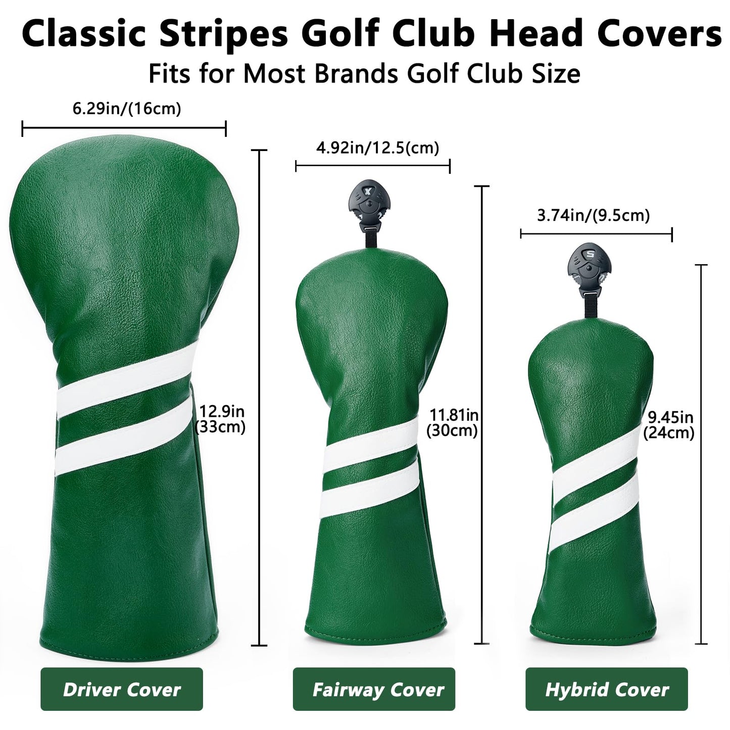 Gbourly 3PCS Vintage Golf Club Classic Green and Black Driver, Fairway Wood and Hybrid Head Covers Set PU Leather Headcovers with Interchangeable No. Tag (Green)