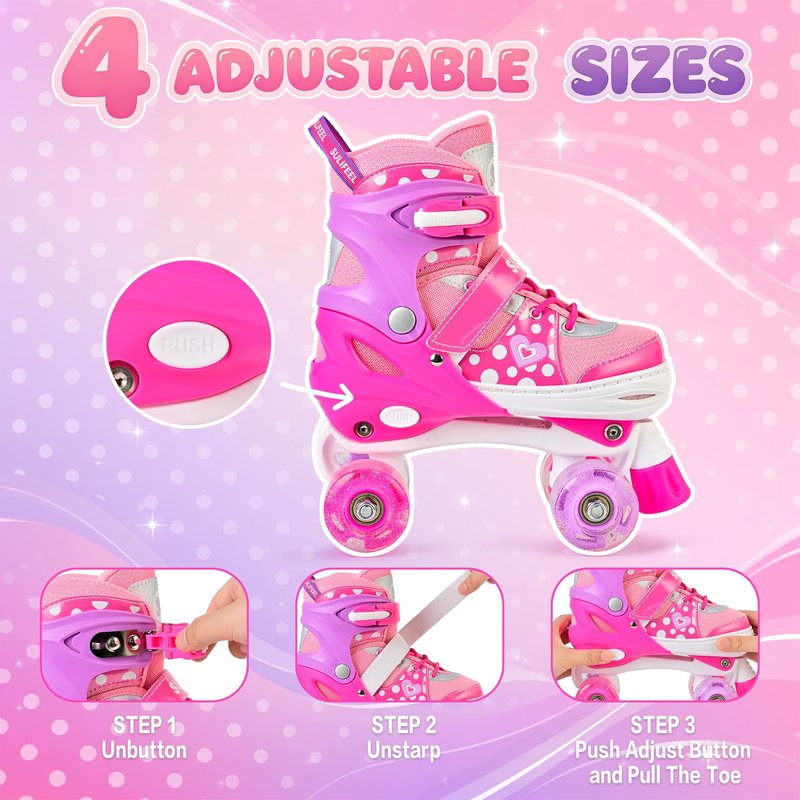 SULIFEEL Roller Skates for Girls Ages 3-12, 4 Sizes Adjustable Kids Quad Skates with Light up Wheels-Birthday Gift for Indoor Outdoor Sports