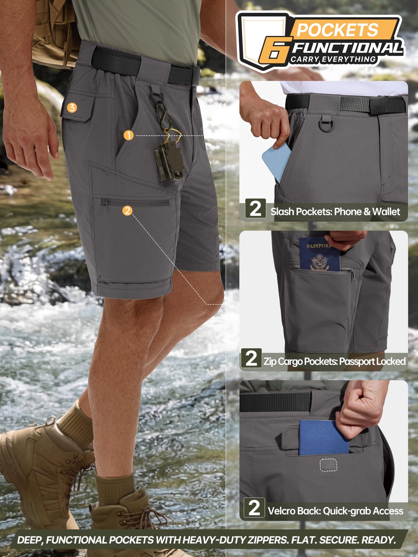 FREE SOLDIER Men's Cargo Hiking Shorts with Belt Lightweight Quick Dry Tactical Shorts with Pockets for Casual Work Golf(Gray,34W x 12L)