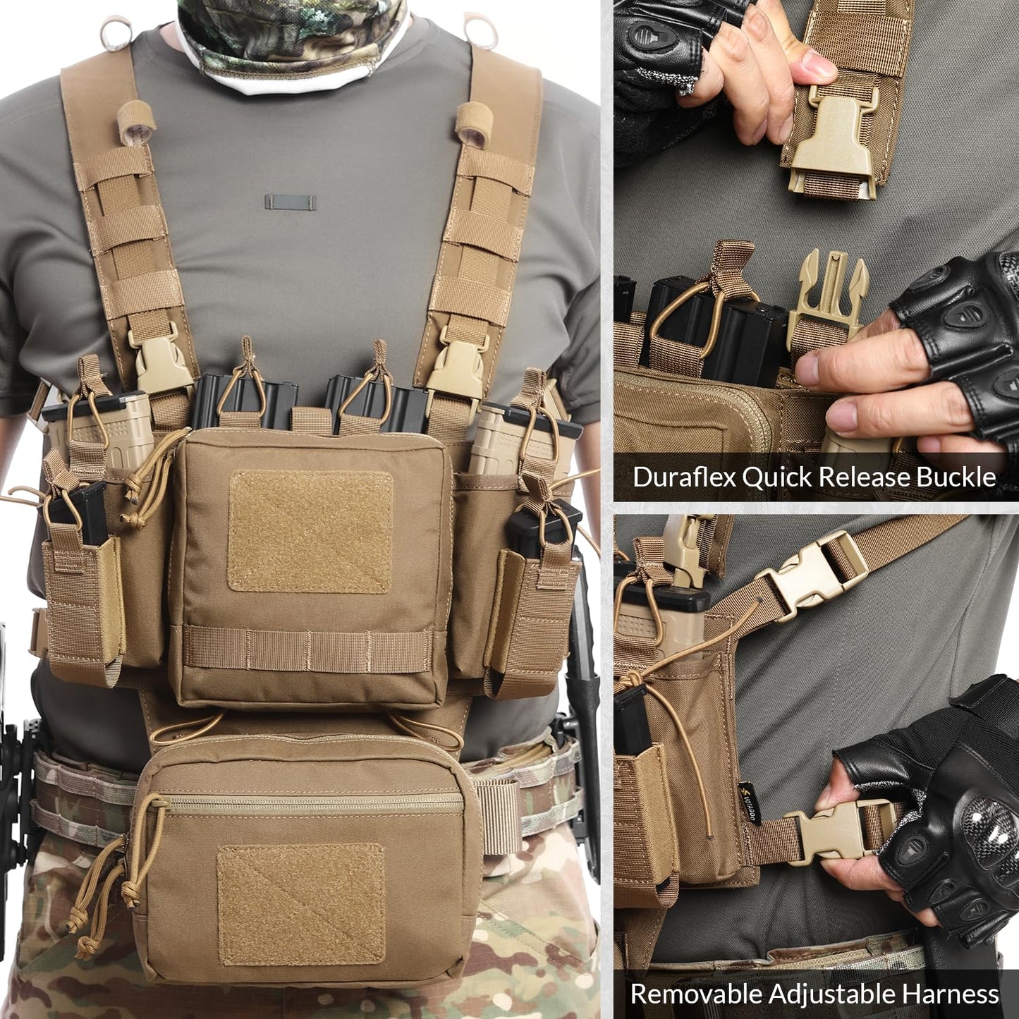 VOTAGOO GEAR Chest Rig-Tactical Chest Rig, Adjustable & Detachable Molle Micro Chest Rigs, with 5.56/7.62 Magazine Pouch, Pistol Pouch