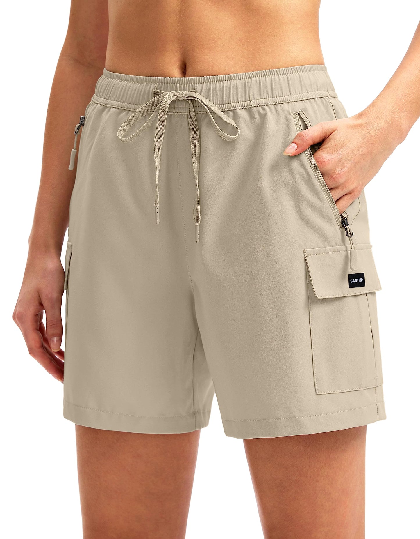 SANTINY Women's 5''/ 7''/9'' Hiking Cargo Shorts Quick Dry Lightweight Summer Shorts for Women Athletic Golf Zipper Pockets(Khaki_XS)