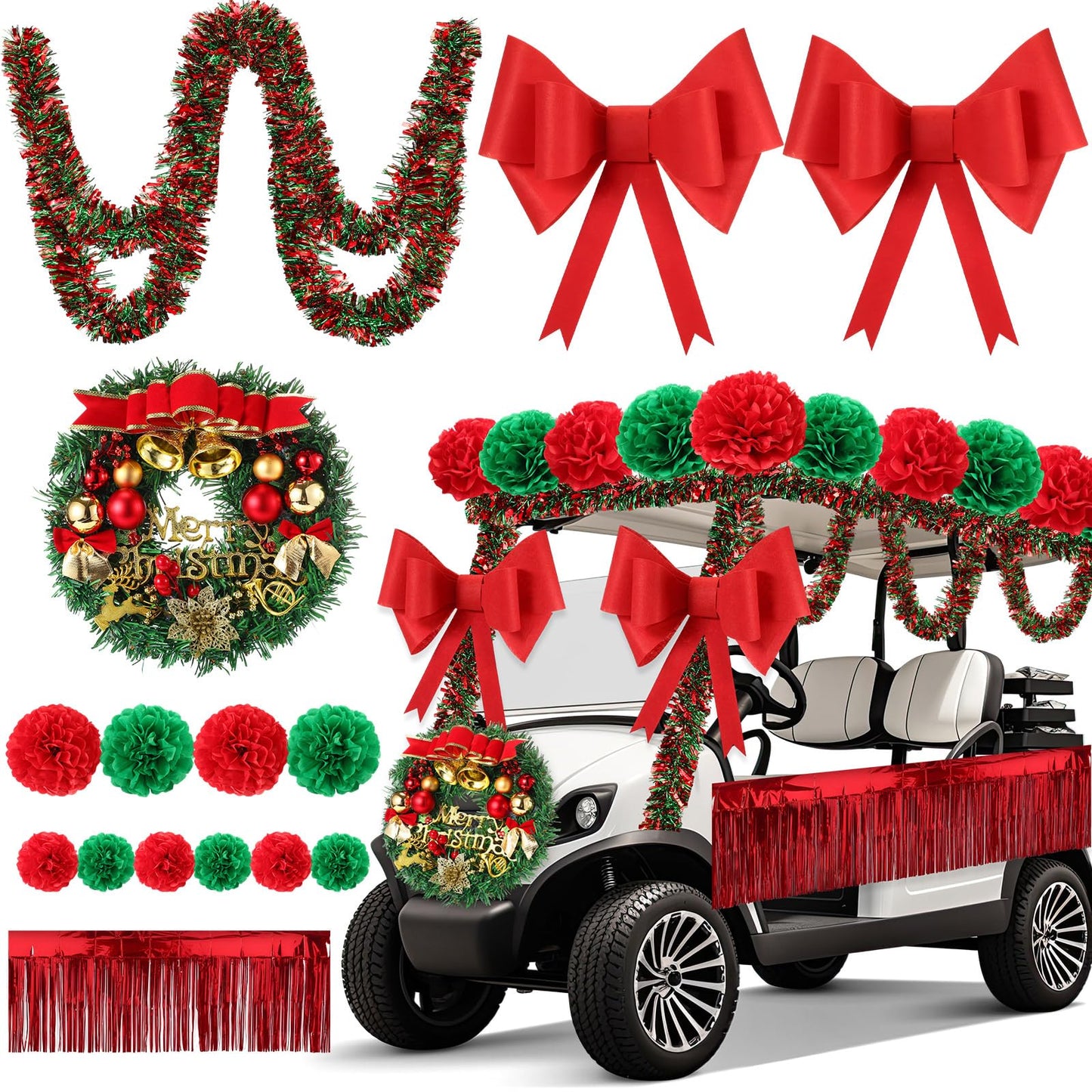 Suncalla 16 Pcs Christmas Golf Cart Decorations Christmas Wreath Red Foil Tinsel Banner Red Green Tissue Paper Pompoms Tinsel Garland Jumbo Bow Decoration for Golf Cart Party Supplies Decor