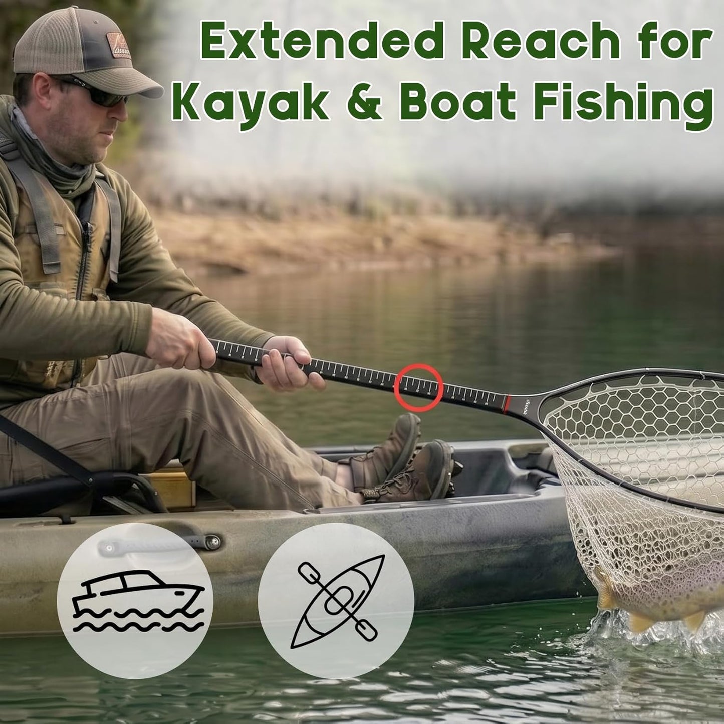 Fly Fishing Landing Net - Carbon Fiber Trout Net with Measurement Handle & Soft Rubber Mesh | 26” Standard / 37” Long