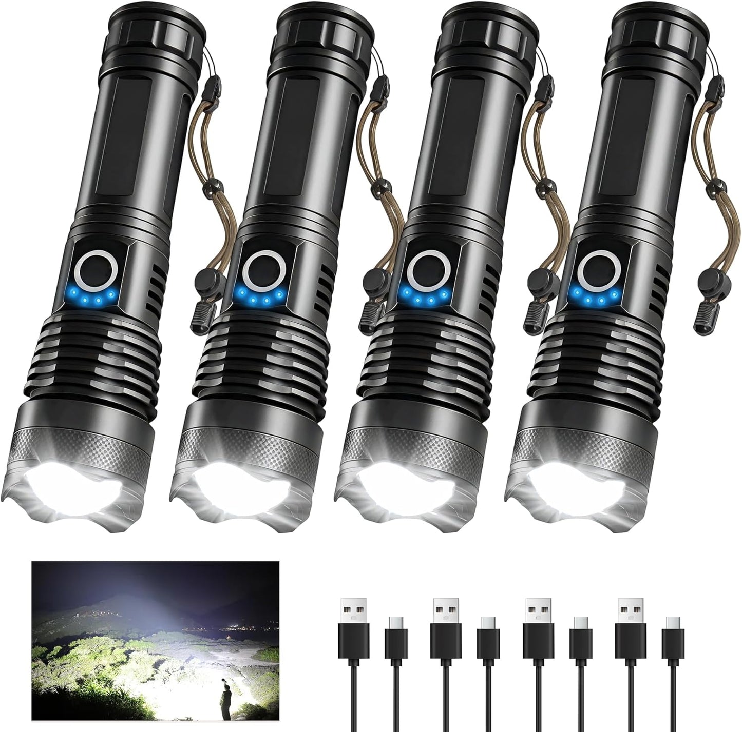 Rechargeable Flashlights - High Lumens LED Tactical Light | 5 Modes, Waterproof, Zoomable, 4-Pack for Home & Camping