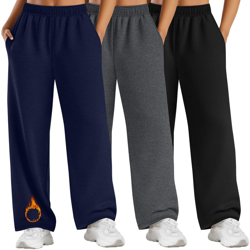 Velvelhall 3 Pack Women's Plus Size Fleece Sweatpants Thermal Wide Leg Elastic Baggy Jogger Warm Pants Winter with Pockets(Black, Dark Gray, Navy Blue,XX-Large)