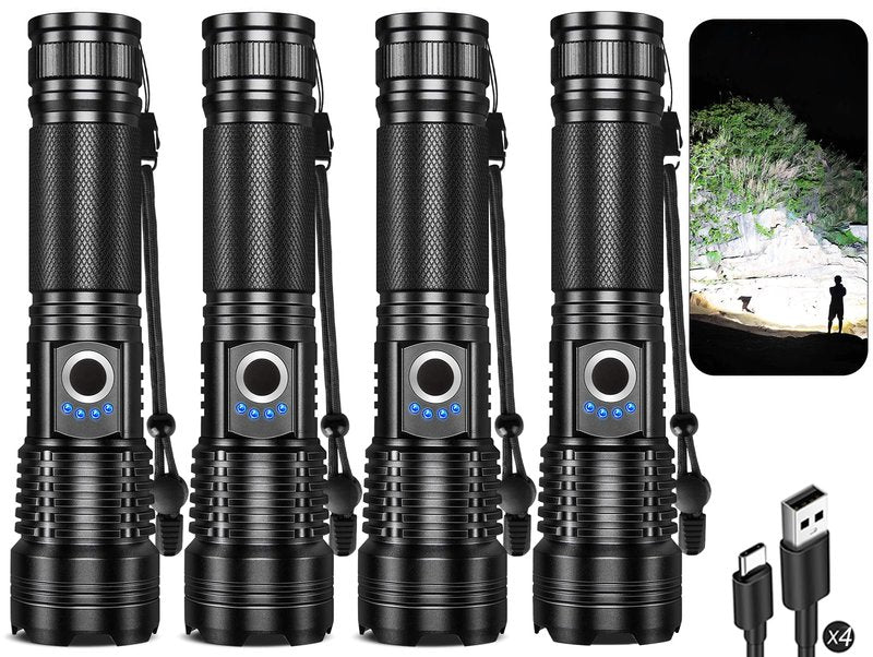 ALSTU 4 Packs Flashlight Rechargeable, 990,000 High Lumens Bright Flash Light, 5 Modes Adjustable Linternas, Powerful Handheld LED Flashlights for Home Camping