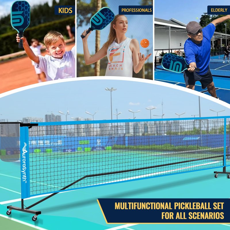 AuroraSynth Portable Pickleball Net Set with Wheels, 22 x 3ft Regulation Size Pickle Ball Net with Ball Collector, 4 Pickle Balls, 4 Pickleball Paddles, Carry Bag for Backyards, Driveway, Garage