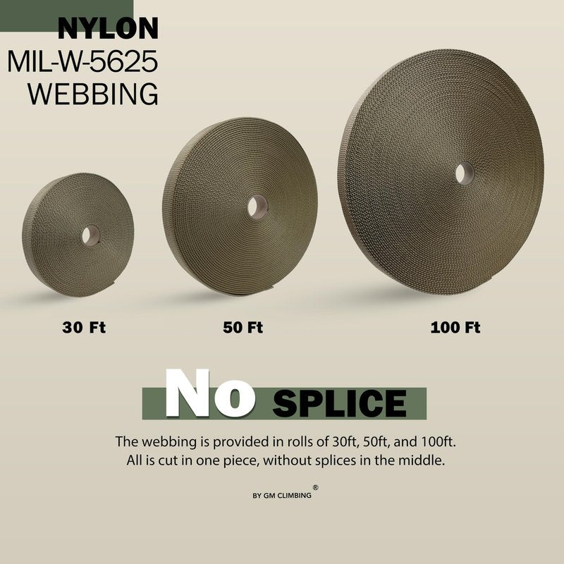 GM CLIMBING 1 inch MIL-W-5625 Nylon Tubular Webbing Milspecs 4000Lbs Durable for Outdoor Tactical Parachute Rescue Survival Tie Down 1 inch x 30Ft / 10 Yards Tan 499