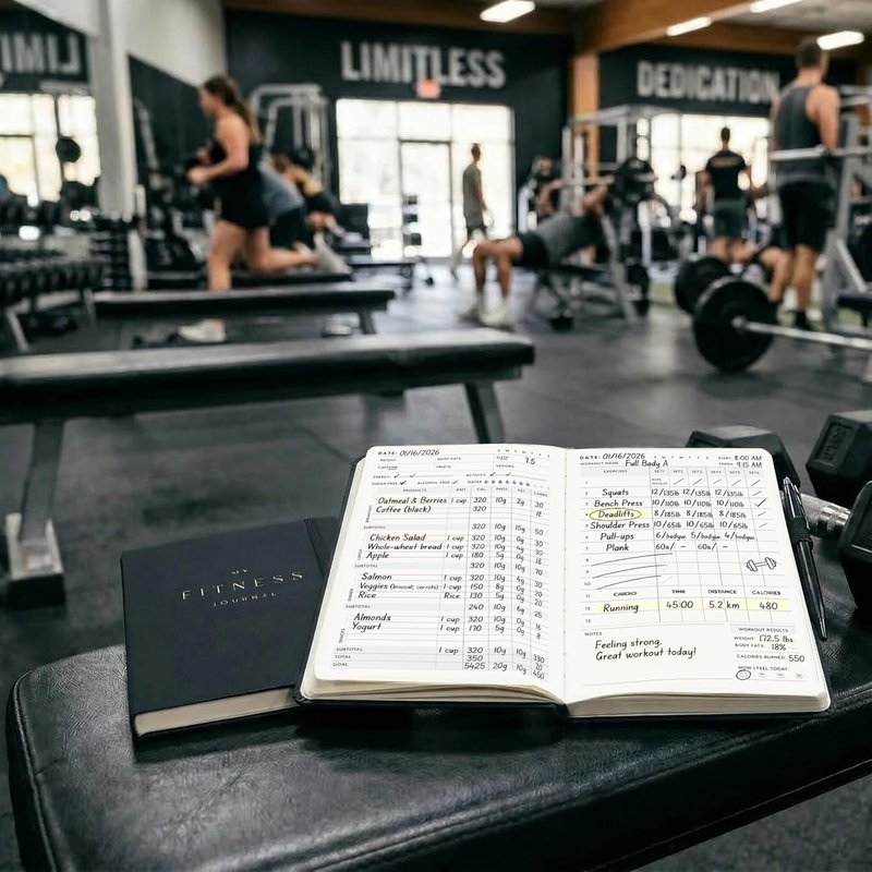 Workout and Food Journal - Fitness Tracker & Exercise Log Book | A5 Size, Leather Hardcover (Black)