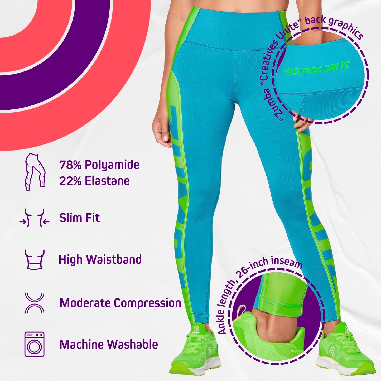 ZUMBA Women's “Creatives Unite” High-Waisted Compression Leggings, S, Seaside Surf