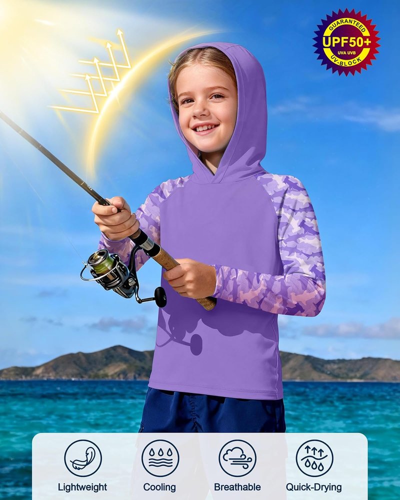 Boys Rash Guard Swim Hoodie - UPF 50+ UV Protection Long Sleeve Fishing Shirt | Kids SPF Water Shirt
