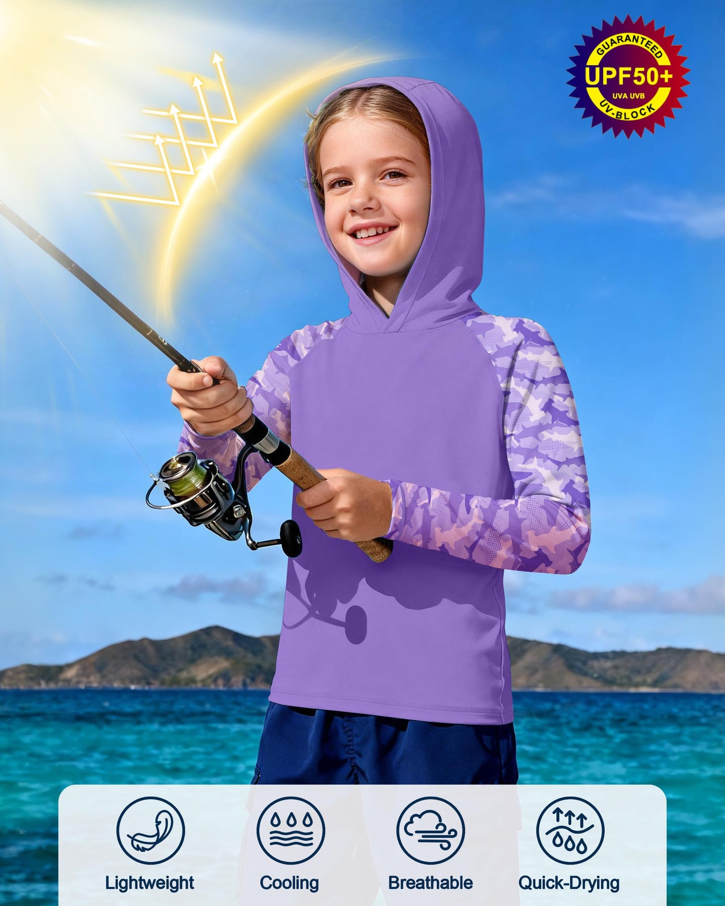 DRONIRING Boys Rash Guard Swim Hoodie, UPF 50+ UV Sun Protection Long Sleeve Fishing Shirt, Kids Youth SPF Water Shirts