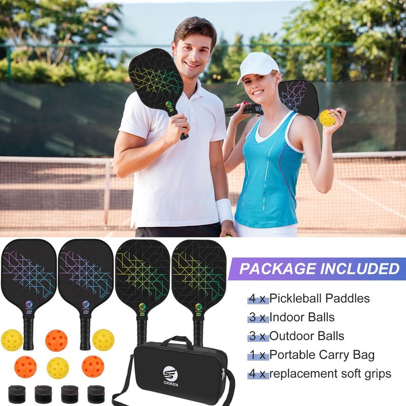 SS OXIKEN Pickleball Paddles Set of 4, USAPA Approved Carbon Fiber Pickle Ball Paddle (CHS), Polypropylene Honeycomb Core, Anti Slip Sweat Absorbing Grip, 4 Replacement Soft Grip, 6 Pickleball, Bag