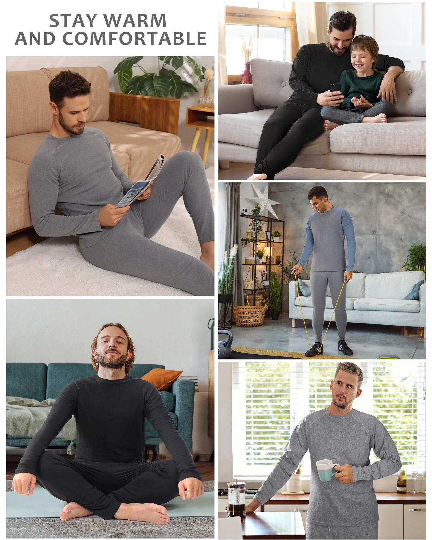 EoBeKee Mens Thermal Underwear Set: Fleece Lined Long Johns Thermals Top and Bottom Base Layer for Cold Weather Winter Ski Heather Black