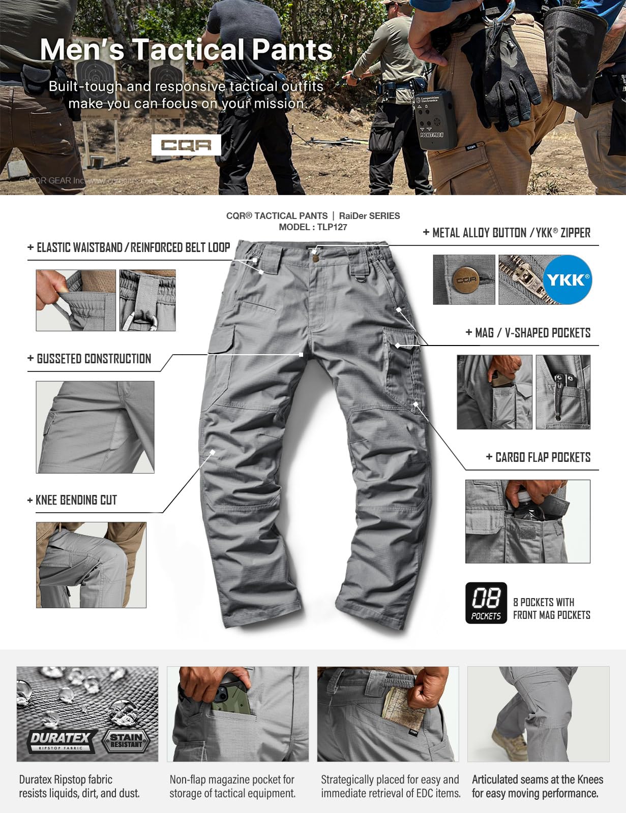 CQR Men's Tactical Pants, Water Resistant Ripstop Cargo Pants, Lightweight EDC Work Hiking Pants, Outdoor Apparel, Raider Mag Pocket Stone, 32W x 30L