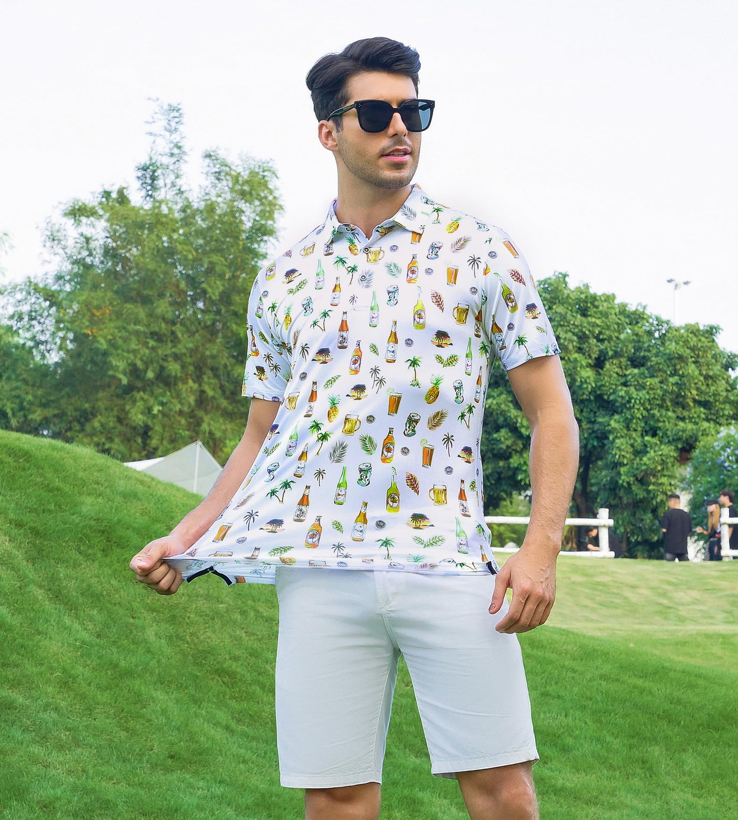 Alex Vando Mens Hawaiian Golf Shirt Moisture Wicking Digital Print Golf Shirts for Men,White Beer,L