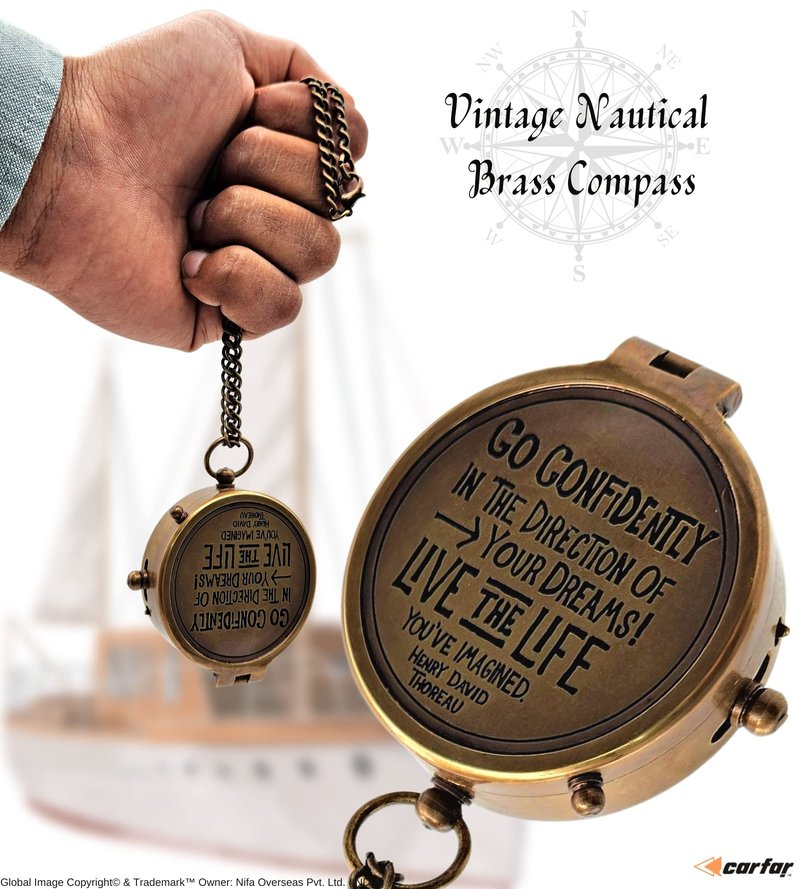 Carfar Nautical Compass Go Confidently in the Direction of Your Dreams! Live the Life You've Imagined Engraved Solid Brass Navigational Vintage Marine Compass with Wooden Box